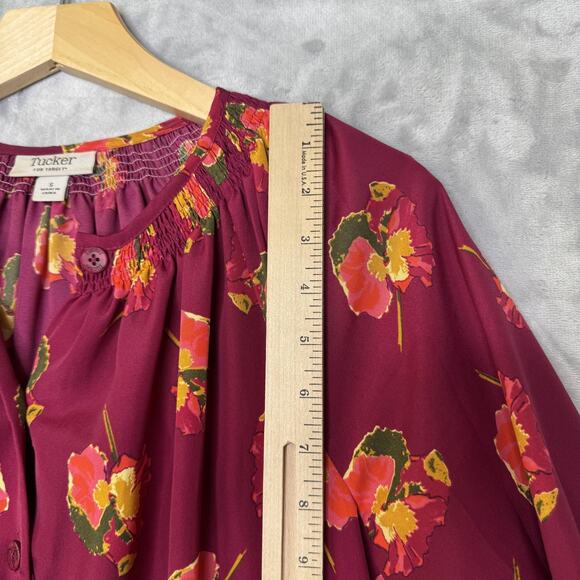 Tucker For Target Shirt Dress Womens Small Red Floral 3/4 Puff Sleeve Button - Picture 7 of 8